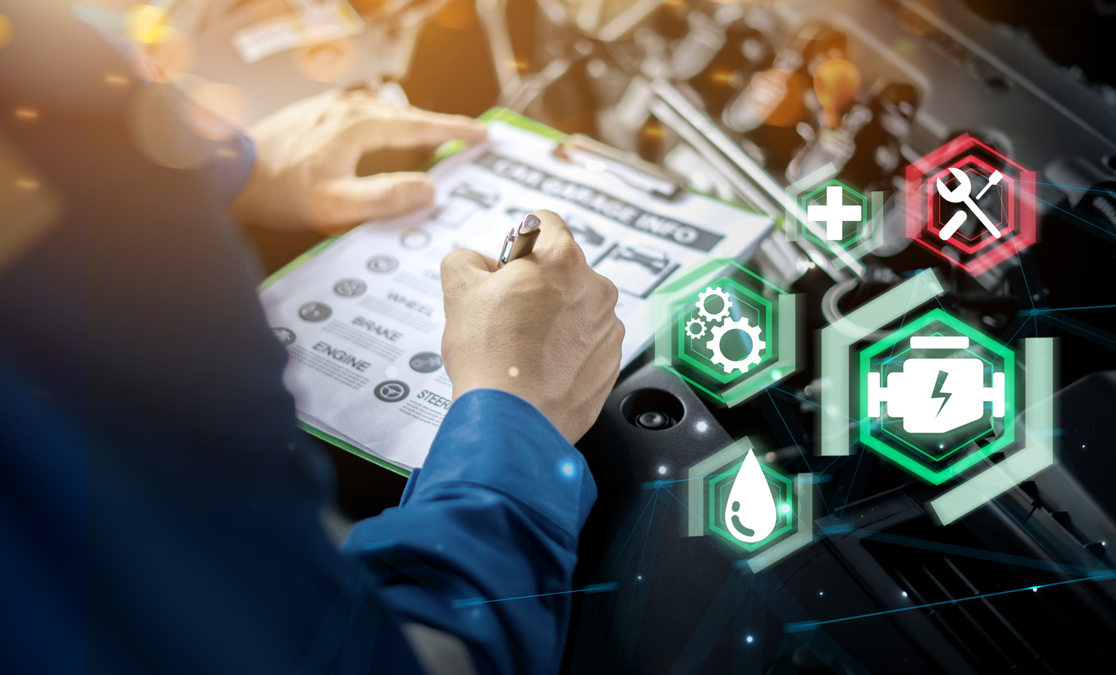 Mechanic engineer futuristic hologram icon repairing diagnosing checking motor vehicle car parts fixing issues problem broken engine, using clipboard pen man in professional uniform working in garage